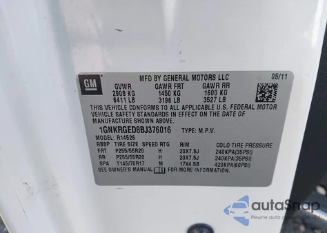 2011 Chevrolet Traverse 1Lt из США, поврежденный, VIN 1GNKRGED8BJ376016